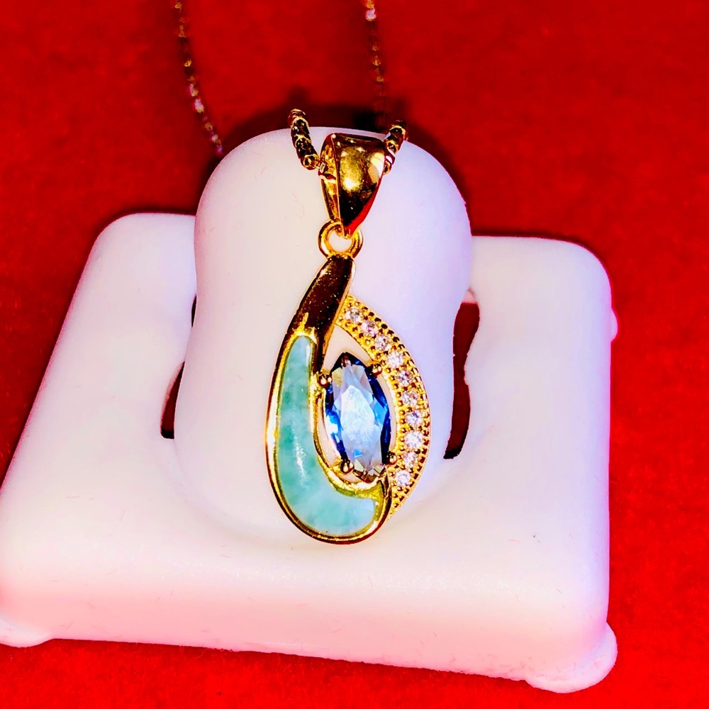 Natural Tanzanite w/ Natural Larimar beautiful Turkish 14k gold vermeil pendant